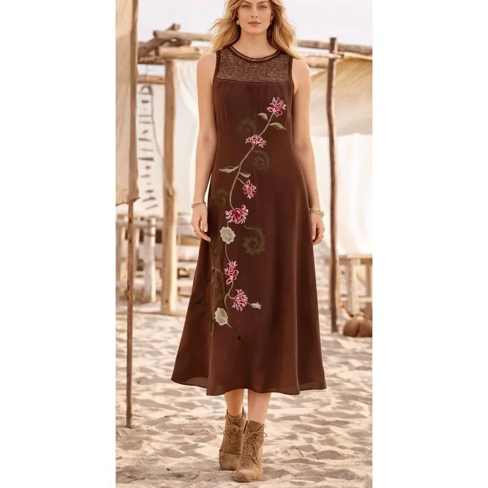 Sundance 100% silk grown embroidered floral midi dress size 8
